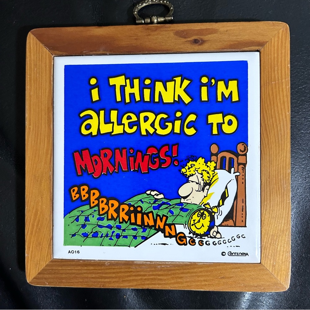 Vintage Contenova Ceramic Tile Wood Frame “l think I am allergic to mornings!”